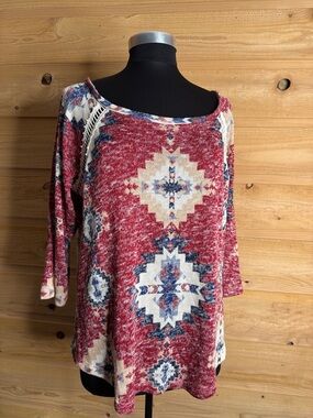 Women’s Red Aztec Print Knit Top Boho festival crochet semi open back 3/4 sleeve